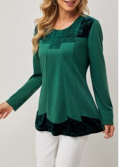 Blackish Green tops,Plain Color tops,ROTITA Lace Patchwork Round Neck Long Sleeve T Shirt