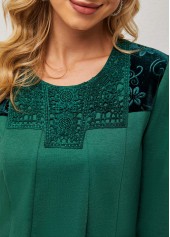 Blackish Green tops,Plain Color tops,ROTITA Lace Patchwork Round Neck Long Sleeve T Shirt