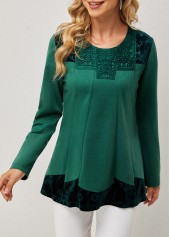 Blackish Green tops,Plain Color tops,ROTITA Lace Patchwork Round Neck Long Sleeve T Shirt