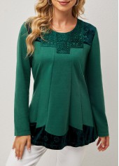 ROTITA Lace Patchwork Round Neck Long Sleeve T Shirt