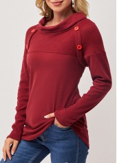 Wine Red tops,Plain Color tops,ROTITA Decorative Button Wine Red Cowl Neck T Shirt