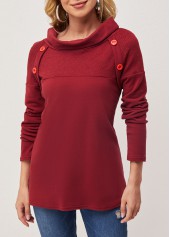 Wine Red tops,Plain Color tops,ROTITA Decorative Button Wine Red Cowl Neck T Shirt