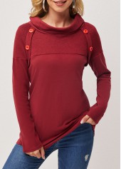 ROTITA Decorative Button Wine Red Cowl Neck T Shirt