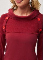 Wine Red tops,Plain Color tops,ROTITA Decorative Button Wine Red Cowl Neck T Shirt