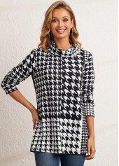 Black tops,Houndstooth tops,ROTITA Black Houndstooth Print Cowl Neck Sweatshirt