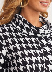 Black tops,Houndstooth tops,ROTITA Black Houndstooth Print Cowl Neck Sweatshirt