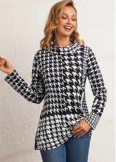 Black tops,Houndstooth tops,ROTITA Black Houndstooth Print Cowl Neck Sweatshirt