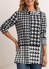 ROTITA Black Houndstooth Print Cowl Neck Sweatshirt