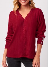 Lace Stitching V Neck Red T Shirt