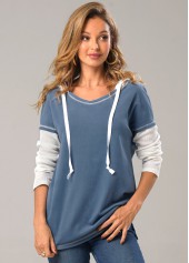 Dusty Blue tops,Contrast Color tops,ROTITA Contrast Dusty Blue Drawstring Long Sleeve Hoodie