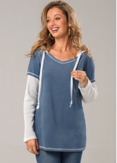 Dusty Blue tops,Contrast Color tops,ROTITA Contrast Dusty Blue Drawstring Long Sleeve Hoodie