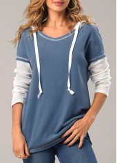 ROTITA Contrast Dusty Blue Drawstring Long Sleeve Hoodie