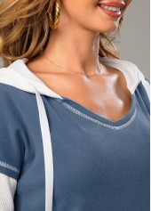 Dusty Blue tops,Contrast Color tops,ROTITA Contrast Dusty Blue Drawstring Long Sleeve Hoodie