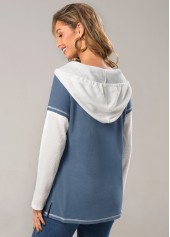 Dusty Blue tops,Contrast Color tops,ROTITA Contrast Dusty Blue Drawstring Long Sleeve Hoodie