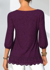 Purple tops,Plain Color tops,ROTITA Lantern Sleeve Lace Stitching Solid T Shirt