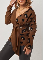 Dark Camel tops,Animal Print tops,ROTITA Brown Leopard Tie Front V Neck Sweater