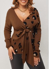 ROTITA Brown Leopard Tie Front V Neck Sweater