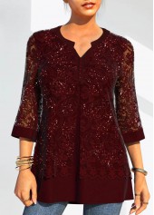 ROTITA Solid Lace Patchwork 3/4 Sleeve Split Neck Blouse