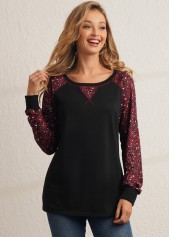 Black tops,Leopard tops,ROTITA Black Leopard Round Neck Long Sleeve Sweatshirt