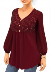 Wine Red tops,Plain Color tops,ROTITA Lace Wine Red Split Neck 3/4 Sleeve Blouse