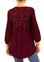 Wine Red tops,Plain Color tops,ROTITA Lace Wine Red Split Neck 3/4 Sleeve Blouse