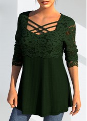Green tops,Plain Color tops,ROTITA Lace Patchwork Cross Strap Long Sleeve T Shirt