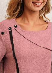 Pink tops,Contrast Color tops,Pink Decorative Button Long Sleeve Sweatshirt