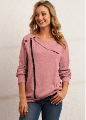 Pink tops,Contrast Color tops,Pink Decorative Button Long Sleeve Sweatshirt
