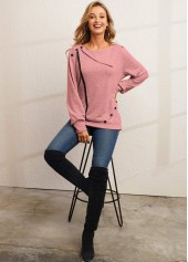 Pink tops,Contrast Color tops,Pink Decorative Button Long Sleeve Sweatshirt