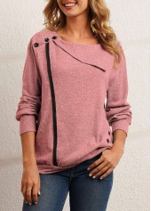 Pink Decorative Button Long Sleeve Sweatshirt