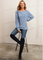 Blue tops,Contrast Color tops,Blue Decorative Button Long Sleeve Sweatshirt