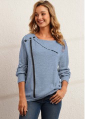 Blue tops,Contrast Color tops,Blue Decorative Button Long Sleeve Sweatshirt