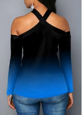 Blue tops,Christmas tops,ROTITA Christmas Tree Print Blue Cold Shoulder T Shirt