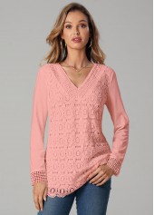 Pink tops,Plain Color tops,ROTITA Pink Lace Patchwork V Neck T Shirt