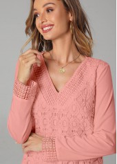 Pink tops,Plain Color tops,ROTITA Pink Lace Patchwork V Neck T Shirt