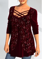 Wine Red tops,Plain Color tops,ROTITA Christmas Design Velvet Stitching Wine Red Sequin T Shirt
