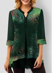 ROTITA Green Peacock Feathers Print Split Neck Blouse