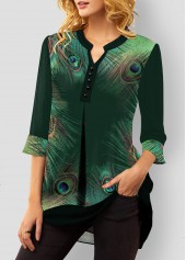 Green tops,Tribal tops,ROTITA Green Peacock Feathers Print Split Neck Blouse