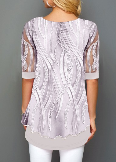 Light Grey tops,Plain Color tops,ROTITA Embroidery Light Grey Round Neck Fake Two Piece Twinset