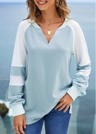 Blue tops,Contrast Color tops,ROTITA Split Neck Contrast Long Sleeve Sweatshirt