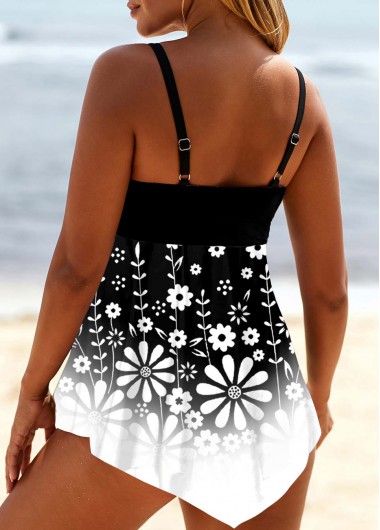 Black swimwear,Floral swimwear,ROTITA Asymmetric Hem Ombre Floral Print Swimdress and Panty