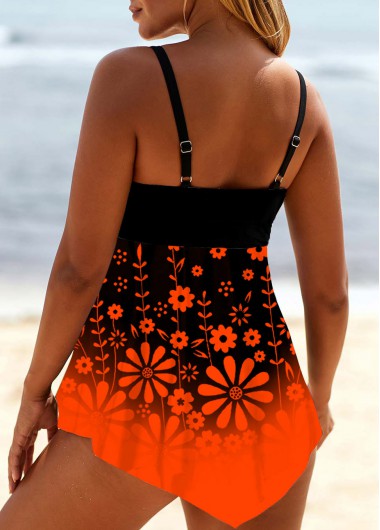 Orange swimwear,Floral swimwear,ROTITA Floral Print Ombre Asymmetric Hem Swimdress and Panty