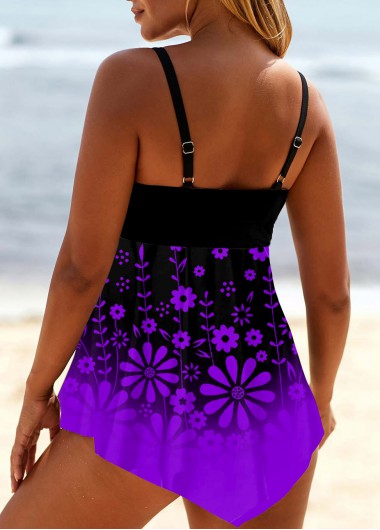 Purple swimwear,Floral swimwear,ROTITA Asymmetric Hem Ombre Floral Print Swimdress and Panty