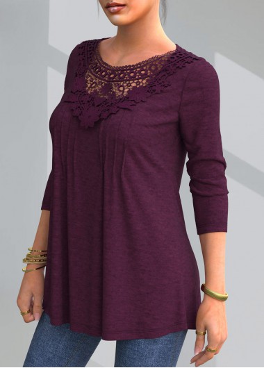 Dark Purple tops,Plain Color tops,ROTITA Solid Lace Patchwork Round Neck T Shirt