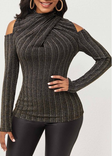 Black tops,Striped tops,ROTITA Striped Cold Shoulder Long Sleeve T Shirt