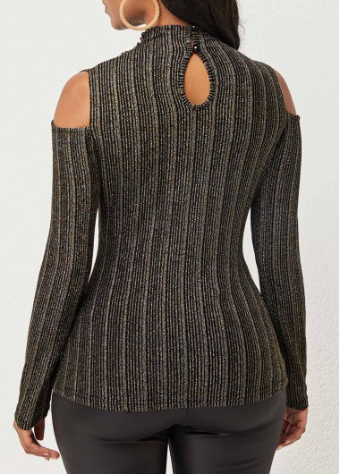 Black tops,Striped tops,ROTITA Striped Cold Shoulder Long Sleeve T Shirt
