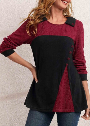 Black tops,Contrast Color tops,ROTITA Contrast Decorative Button Long Sleeve T Shirt