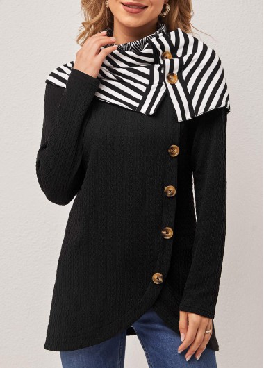 Black tops,Striped tops,ROTITA Striped Black Decorative Button Cape Sleeve Sweatshirt