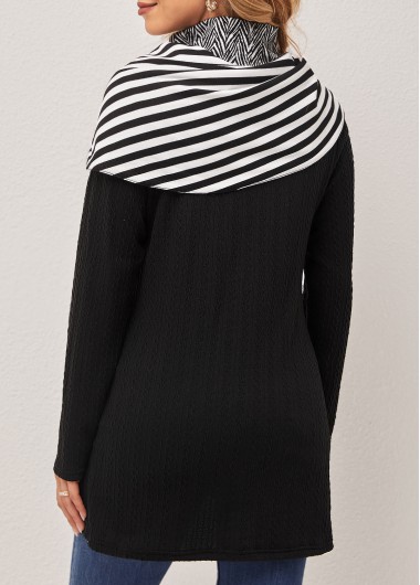Black tops,Striped tops,ROTITA Striped Black Decorative Button Cape Sleeve Sweatshirt
