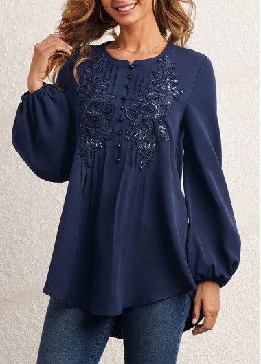 Navy tops,Plain Color tops,ROTITA Sequin Flower Applique Crinkle Chest Navy Blue Blouse